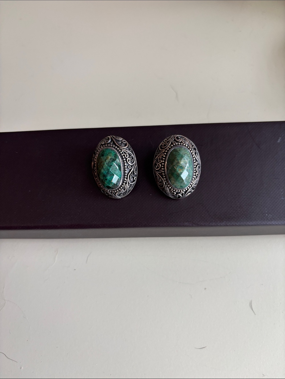 Vintage Lori Bonn Jade stone 925 clip earrings